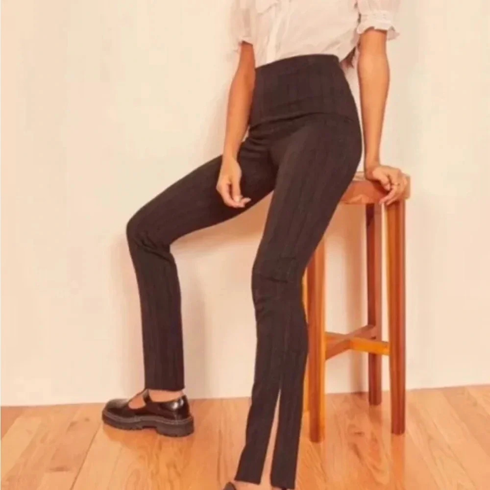 Reformation Largo side slit high Rise metallic pants in gray and black